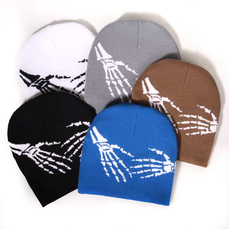 Skull Hands Jacquard Pattern Beanie Hat